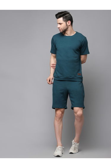 Men Teal Waffle Knit T-Shirt and Shorts Co-Ords