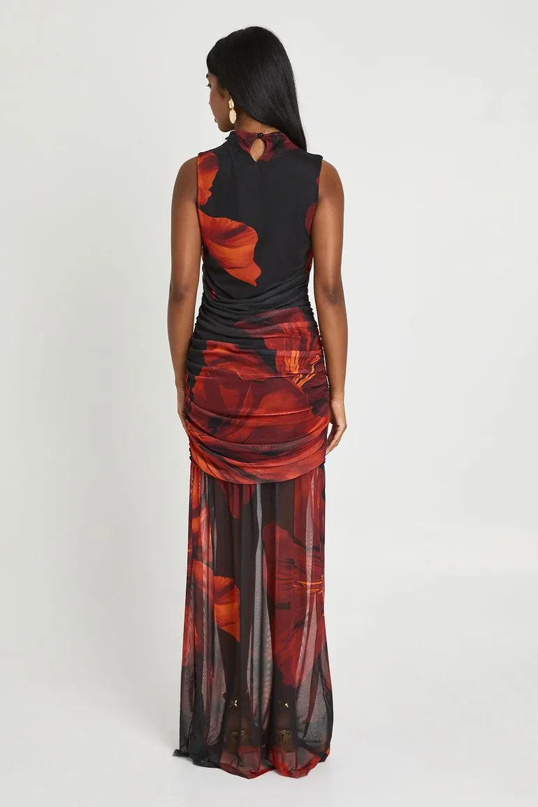 Large Scale Floral Ruched Bodice Maxi Dress - red - 1