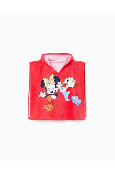 Hooded Beach Poncho In Cotton Minnie & Daisy For Baby Girls, Coral