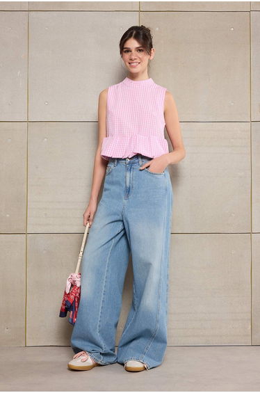 Pink Gingham Balloon Woven Blouse