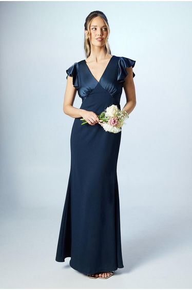 V Neck Angel Sleeve Satin Dress