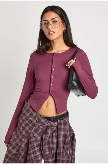 Peached Sculpt Popper Through Long Sleeve Top - wine
