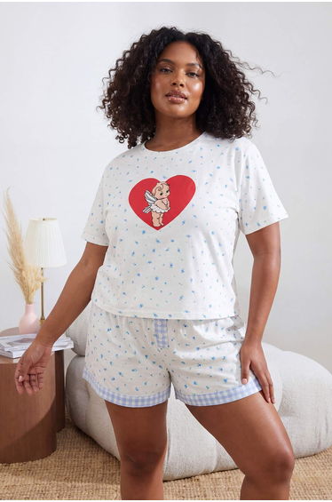 Ecru Floral Printed Large Size Pajama Set