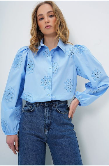 Women's Baby Blue Guipure Woven Premium Shirt