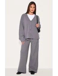Charcoal Heavy Brushed Rib Slouchy Wide Leg Trousers - 5