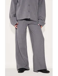 Charcoal Heavy Brushed Rib Slouchy Wide Leg Trousers - 1