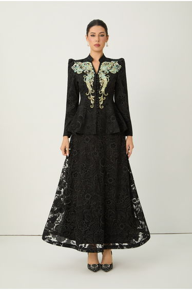Found Your Love Black Sequin Embellished Jacket & Floral Lace Skirt Set