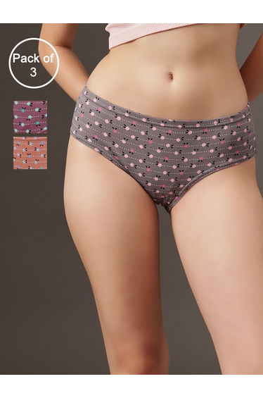 Pack of 3 - Printed Mid Waist Hipster Panties - 100% Cotton