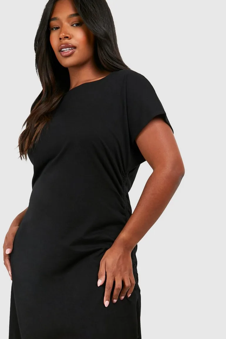 ruched t shirt dress plus size Plus Size Metallic Ruched Shirt Dress- Gunmetal