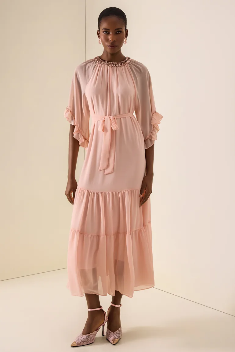 Rhinestone Frill Lace-Up Midi Dress