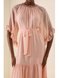 Rhinestone Frill Lace-Up Midi Dress - 6