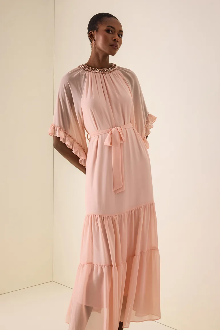 Rhinestone Frill Lace-Up Midi Dress - 3