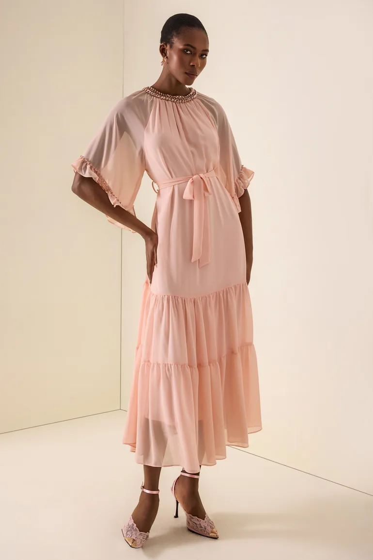 Rhinestone Frill Lace-Up Midi Dress - 1