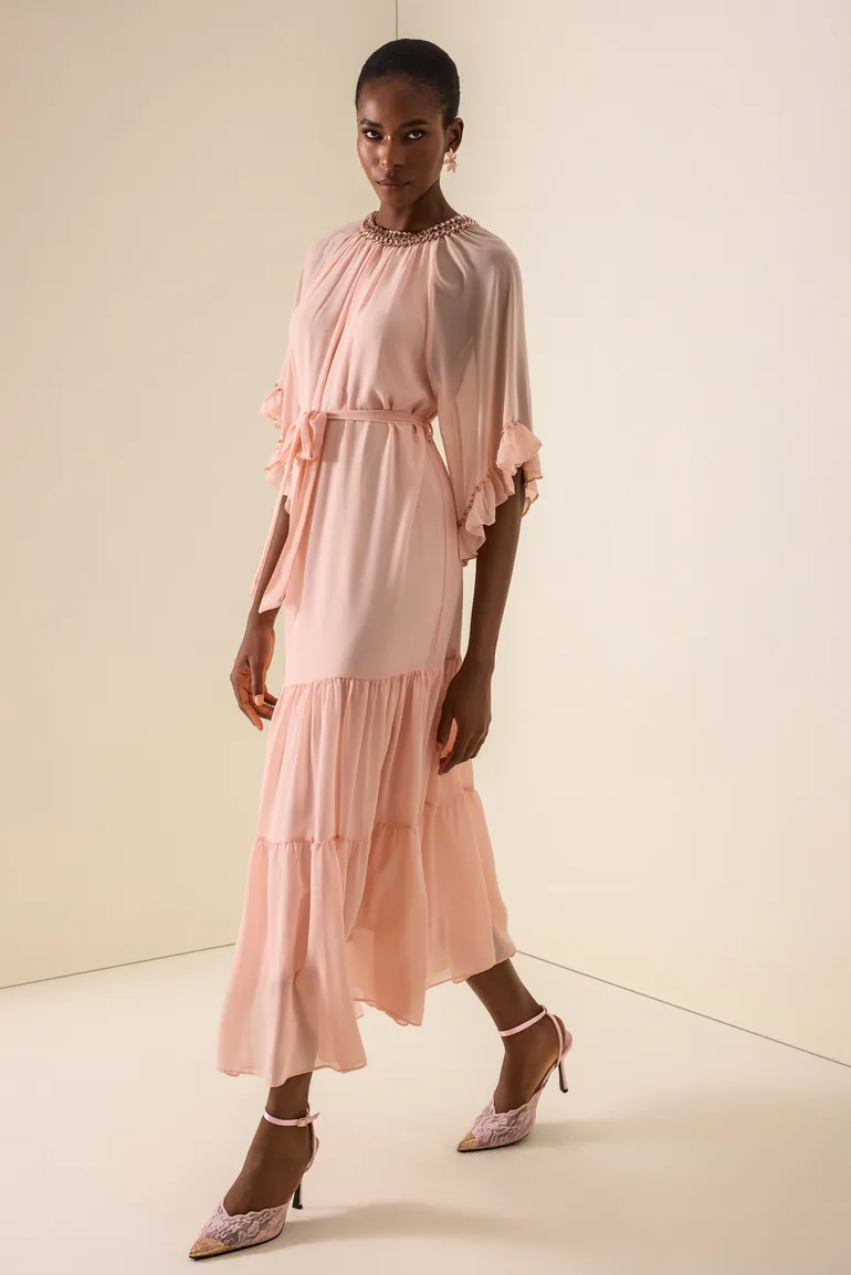 Rhinestone Frill Lace-Up Midi Dress - 5