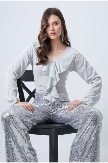 Women's Silvery Gray V-Neck Ruffled Silvery Knitted Blouse