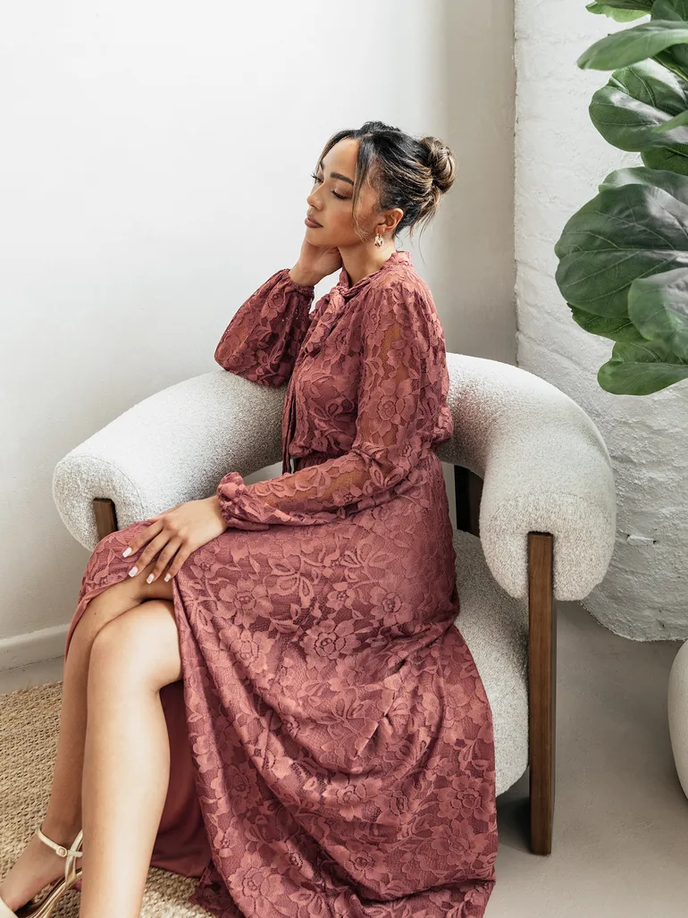 Maya Copper Rose Tie Neck Long Sleeve Lace Maxi Dress Maya Deluxe Orange :  Premium Dresses : VogaCloset Bahrain