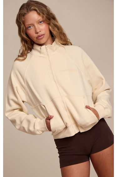 Cream Seam Detail Zip Up Fleeceback Jacket