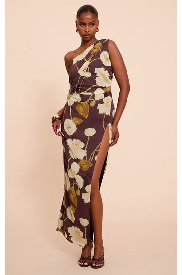 Chocolate Printed Chiffon Drape Detail Maxi Dress