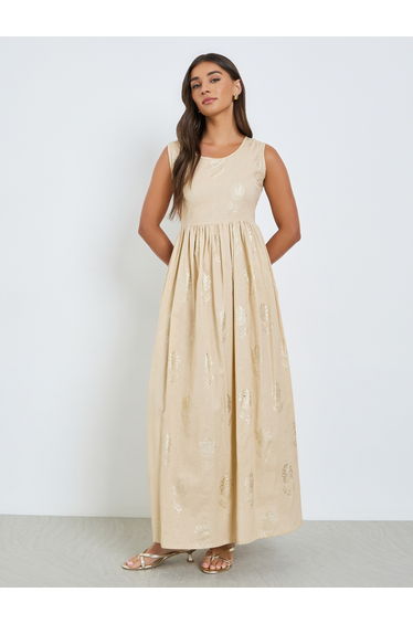 Women Beige Floral Print Sleeveless A-Line Maxi Dress