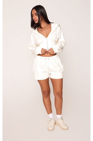 Petite Cream Embroidered Interlock Cinch Waist Zip Hoodie