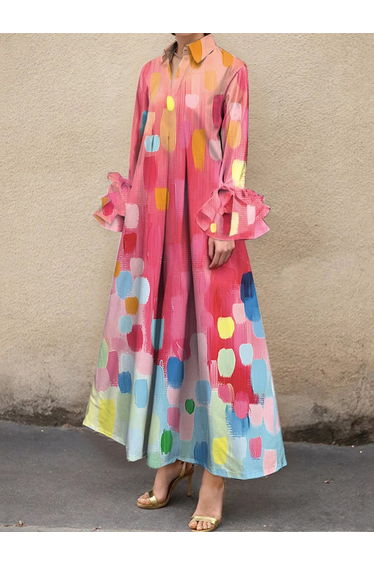 A-Line Loose Pleated Printed Split-Joint Lapel Maxi Dresses Shirt Dress