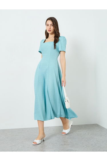 Women Teal Textured Square Neck Fitted Waist Midi Dress