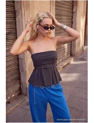 Anthracite Belted Blouse with Detailed Weaving and Button Detail - 1