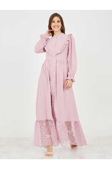 Dobby Frill Detail Lace Hem Shift Maxi Dress