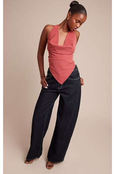 Dusty Rose Woven Halterneck Cowl Long Top