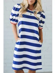 Lvness Blue Stripe Contrast Trim Round Neck Short Puff Sleeve Shift Mini Dress - 1