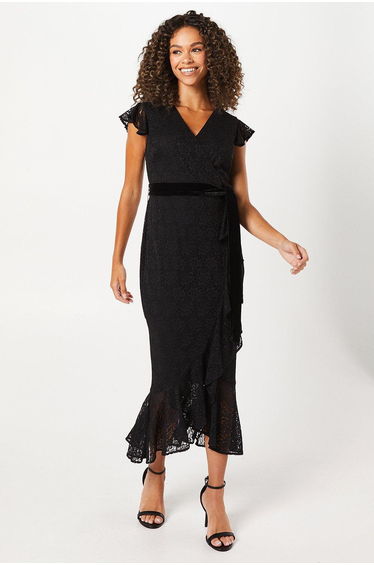 Occasion Lace Ruffle Wrap Velvet Belt Midaxi Dress