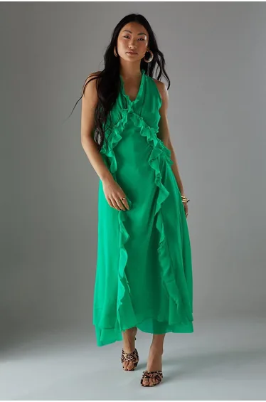 Petite Premium Raw Edge Ruffle Detail Slip Dress