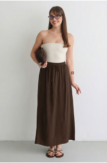 Dark Brown Modal Elastic Waist Long Maxi Skirt