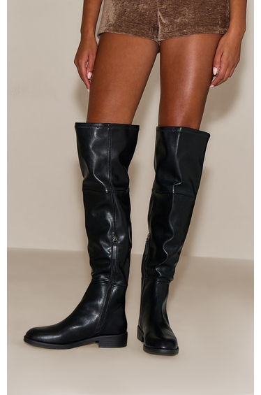 Black PU Round Toe Riding Knee High Boot