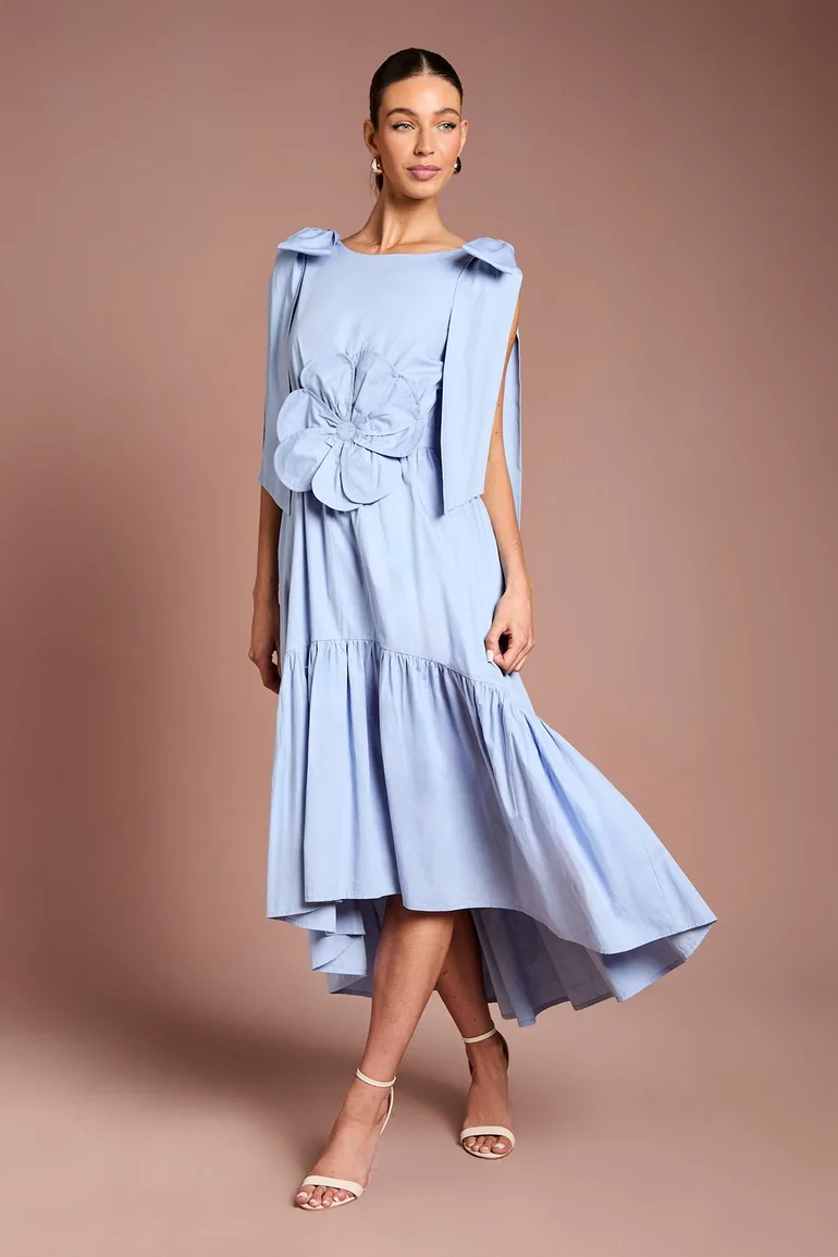 Bow Shoulder Floral Corsage Detail Dress