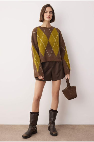 Brown Baklava Patterned Knit Sweater