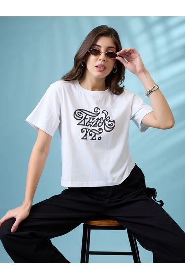 White Graphic Print Boxy Crop T-Shirt