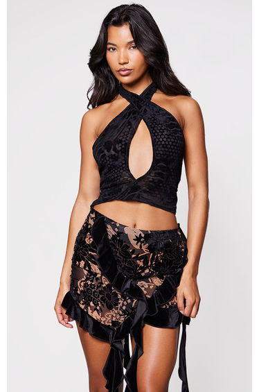 Black Velvet Devore Plunge Backless Top