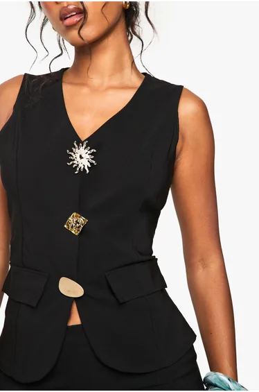 Multi Trim Fitted Waistcoat - black