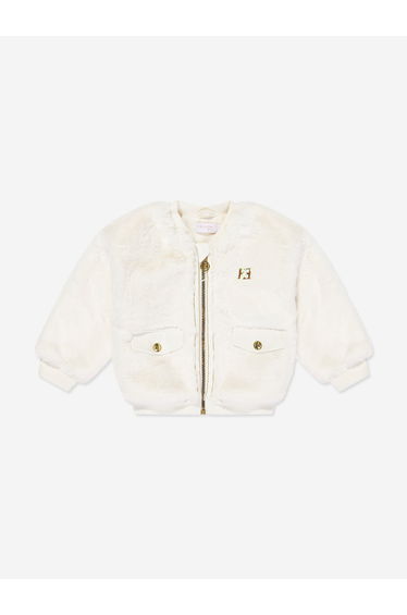 Girls Embroidered Logo Faux Fur Jacket in Ivory