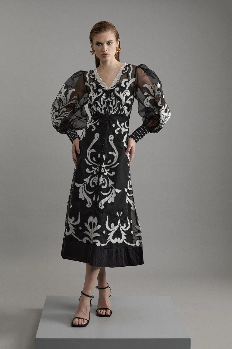 floral applique organdie woven maxi dress KAREN MILLEN Tall Applique Organdie Woven Maxi Dress