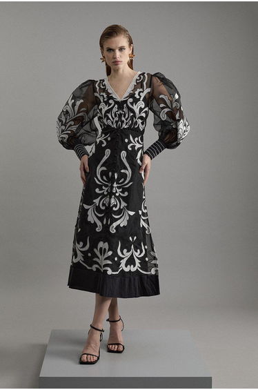 Tall Applique Organdie Buttoned Woven Midaxi Dress