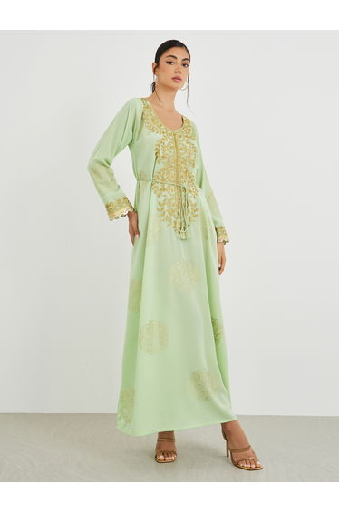 Foil Print V Neck Jalabiya with Embroidery and Lace Detail