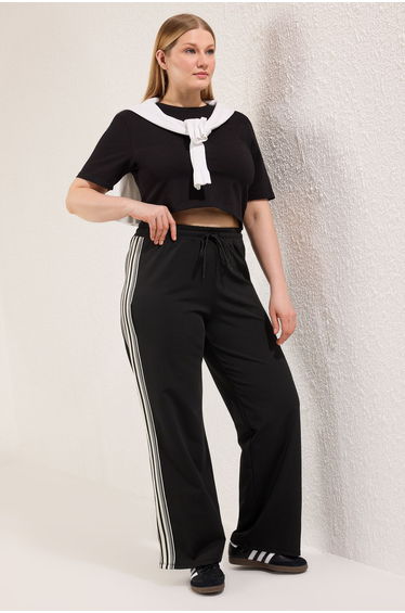 Black High Waist Striped Diving/Scuba Fabric Sports Knitted Sweatpants