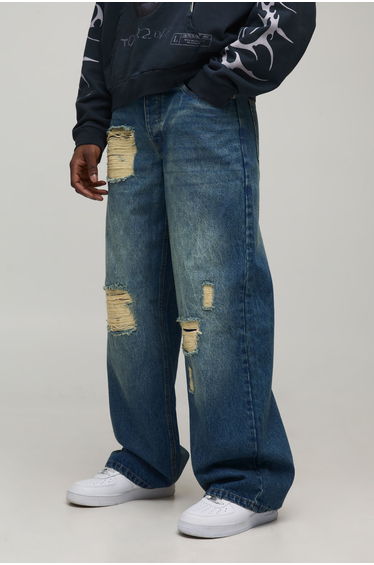 Baggy Fit Stacked Washed Ripped Jeans - mid wash