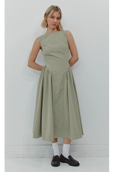 Olive Midaxi Dress with Gathered Waist