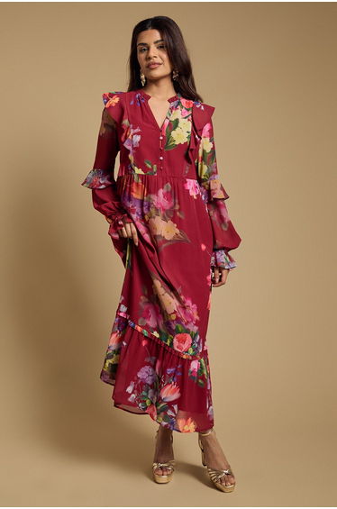 Petite Long Sleeve Ruffle Chiffon Tiered Maxi Dress