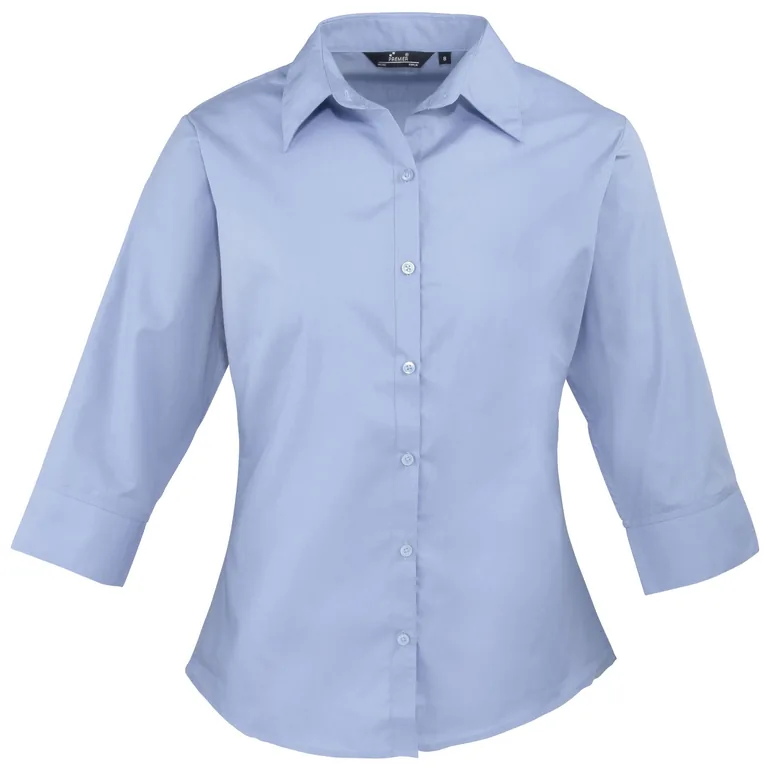 Premier 3/4 Sleeve Poplin Blouse / Plain Work Shirt - Mid Blue