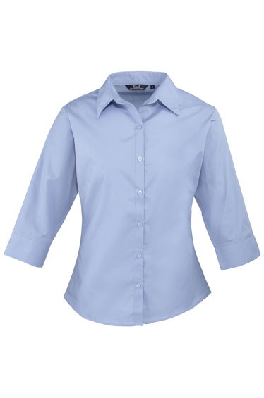 Premier 3/4 Sleeve Poplin Blouse / Plain Work Shirt - Mid Blue
