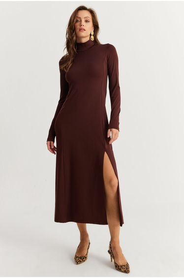 Women's Brown Turtleneck Midi Dress